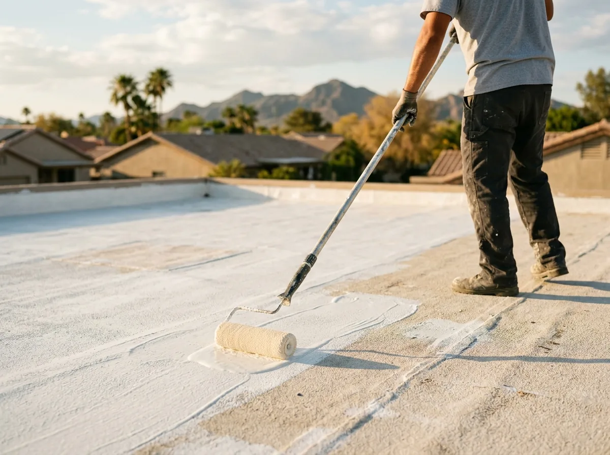 Roller spreading white acrylic roof coating over a primed flat roof surface