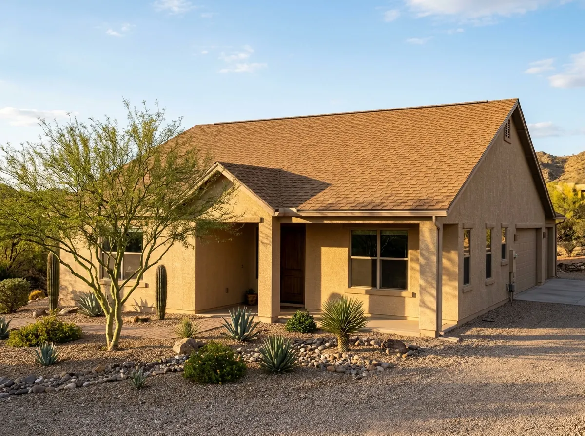 Single-story Arizona stucco home with a tan architectural asphalt shingle roof and a palo verde tree