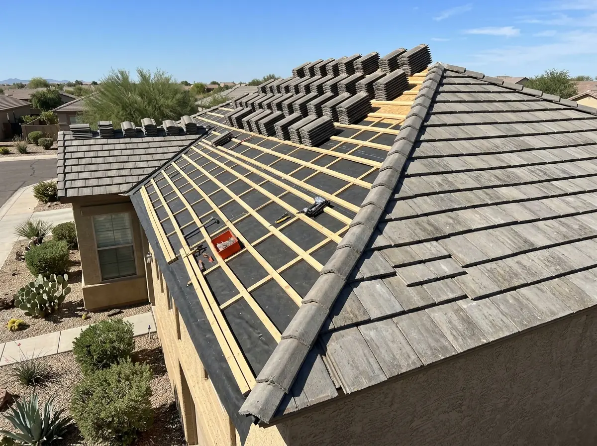 Concrete tile roof in Arizona with tiles lifted and stacked near the ridge, exposing new battens over fresh underlayment