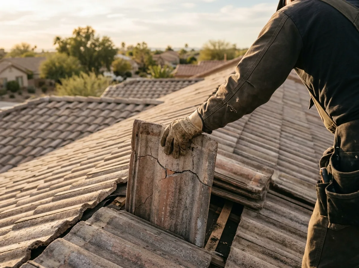Roofer's gloved hand lifting a cracked concrete roof tile to replace it on a Tempe tile roof