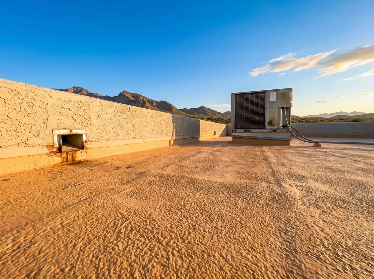 Spray polyurethane foam flat roof with orange-peel texture, a parapet scupper and a rooftop AC unit