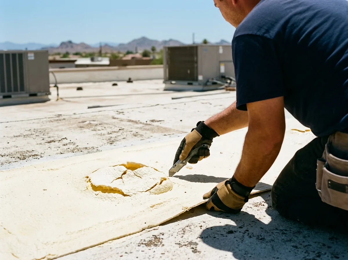 Roofer cutting out a blistered section of spray foam on a flat roof before patching it