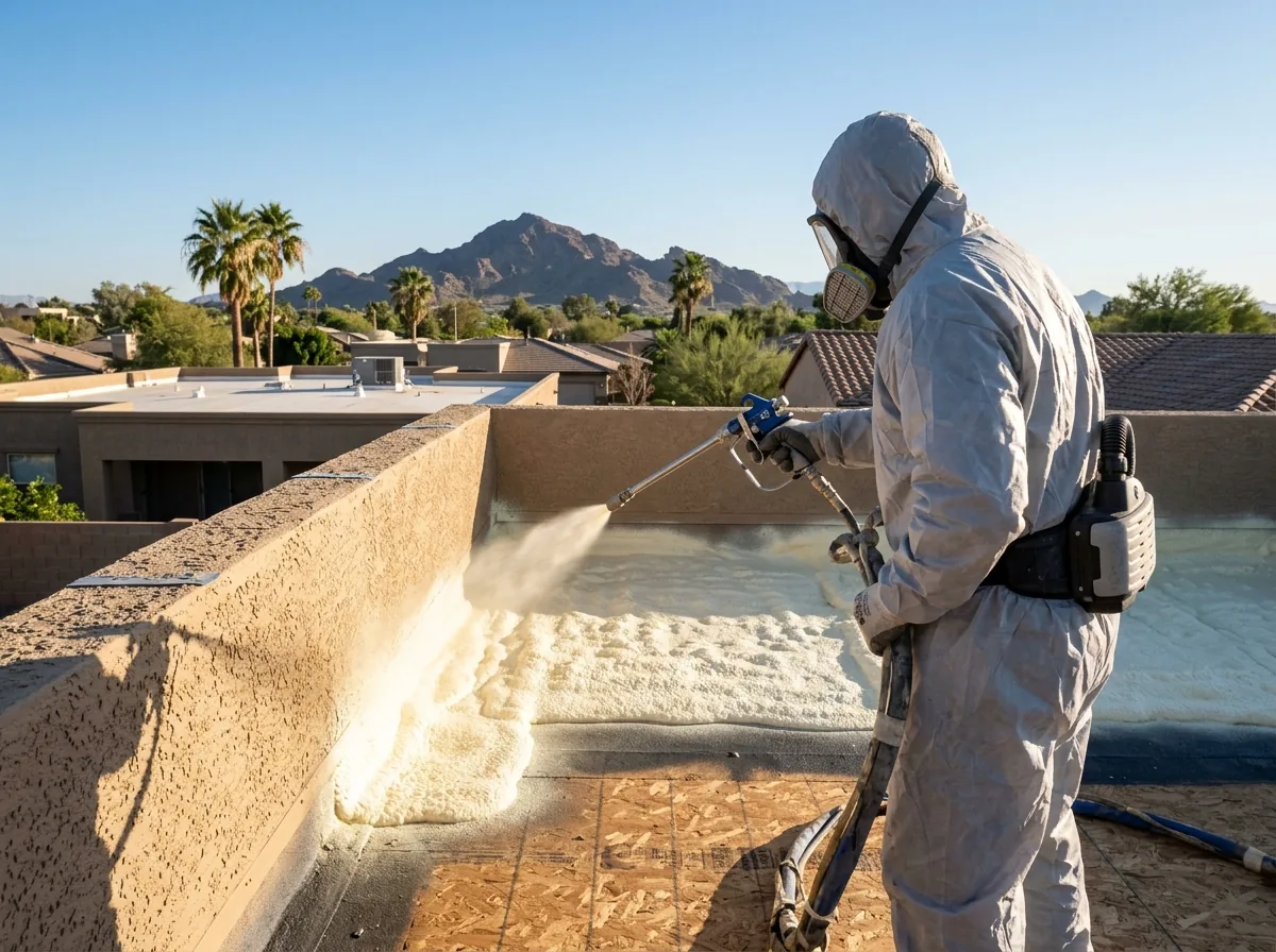 Roofer in a protective suit spraying polyurethane foam onto a flat roof deck behind a stucco parapet