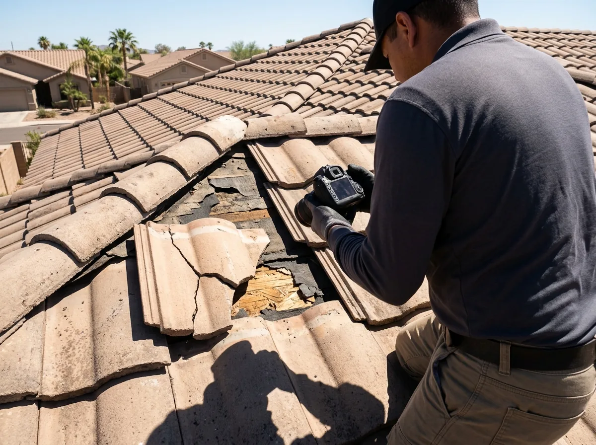 Roof inspector photographing a cracked concrete tile and the underlayment beneath it